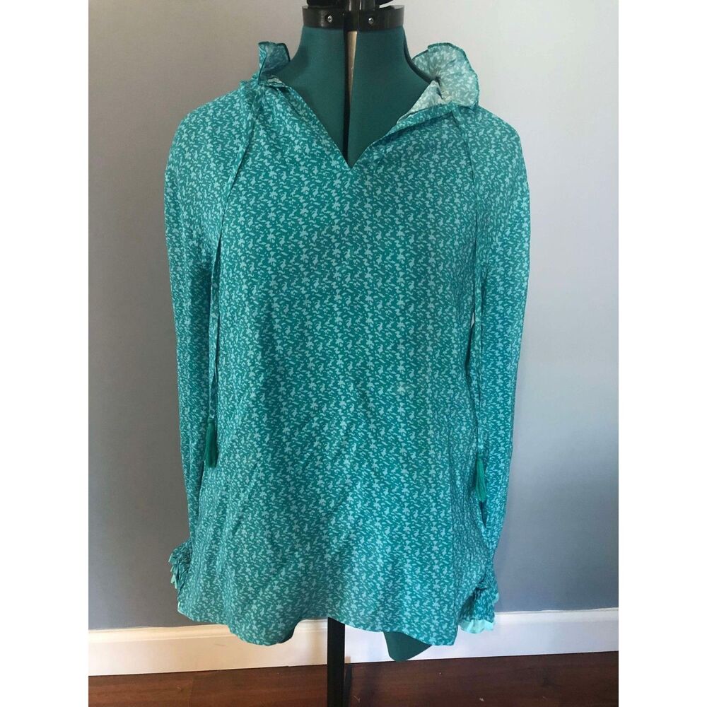 Rungolee Teal Long Sleeve Ruffle Silk Blouse, size S